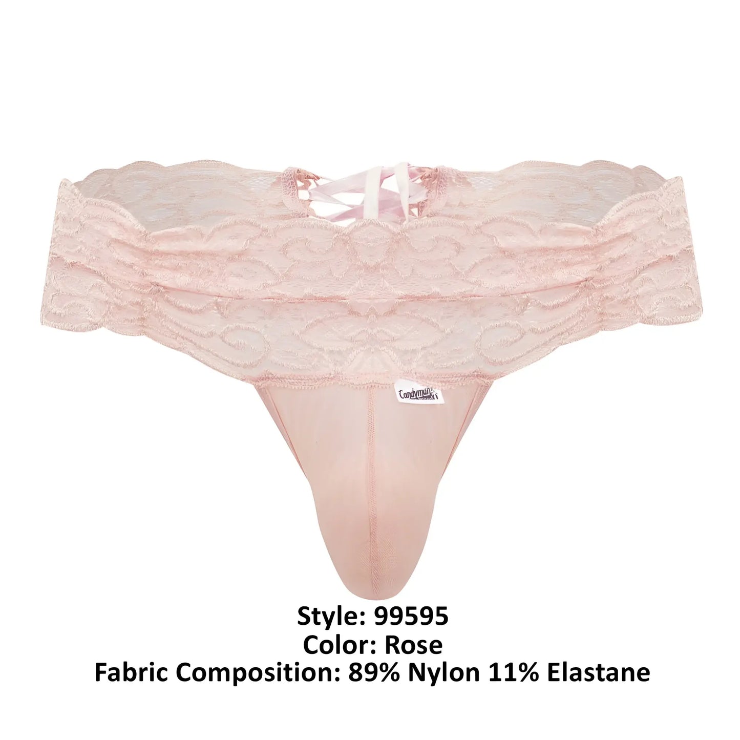 Rose-colored candyMan 99595 lace thong made of sheer nylon and elastane blend showing front view