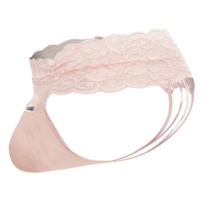 CandyMan 99595 lace thong in rose color featuring delicate pink lace with scalloped edge and thin translucent straps