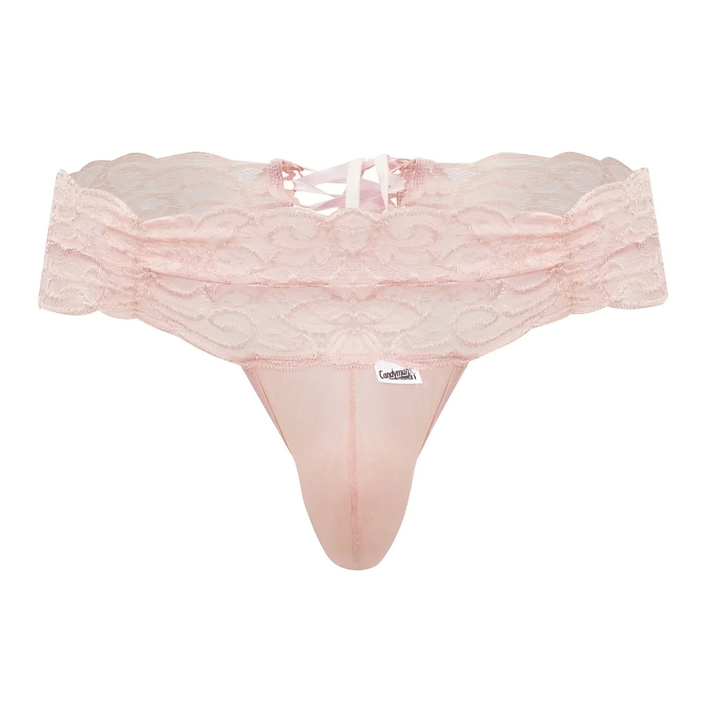 A delicate pink lace thong with scalloped edge and matching satin fabric from candyman 99595 lace thongs rose color