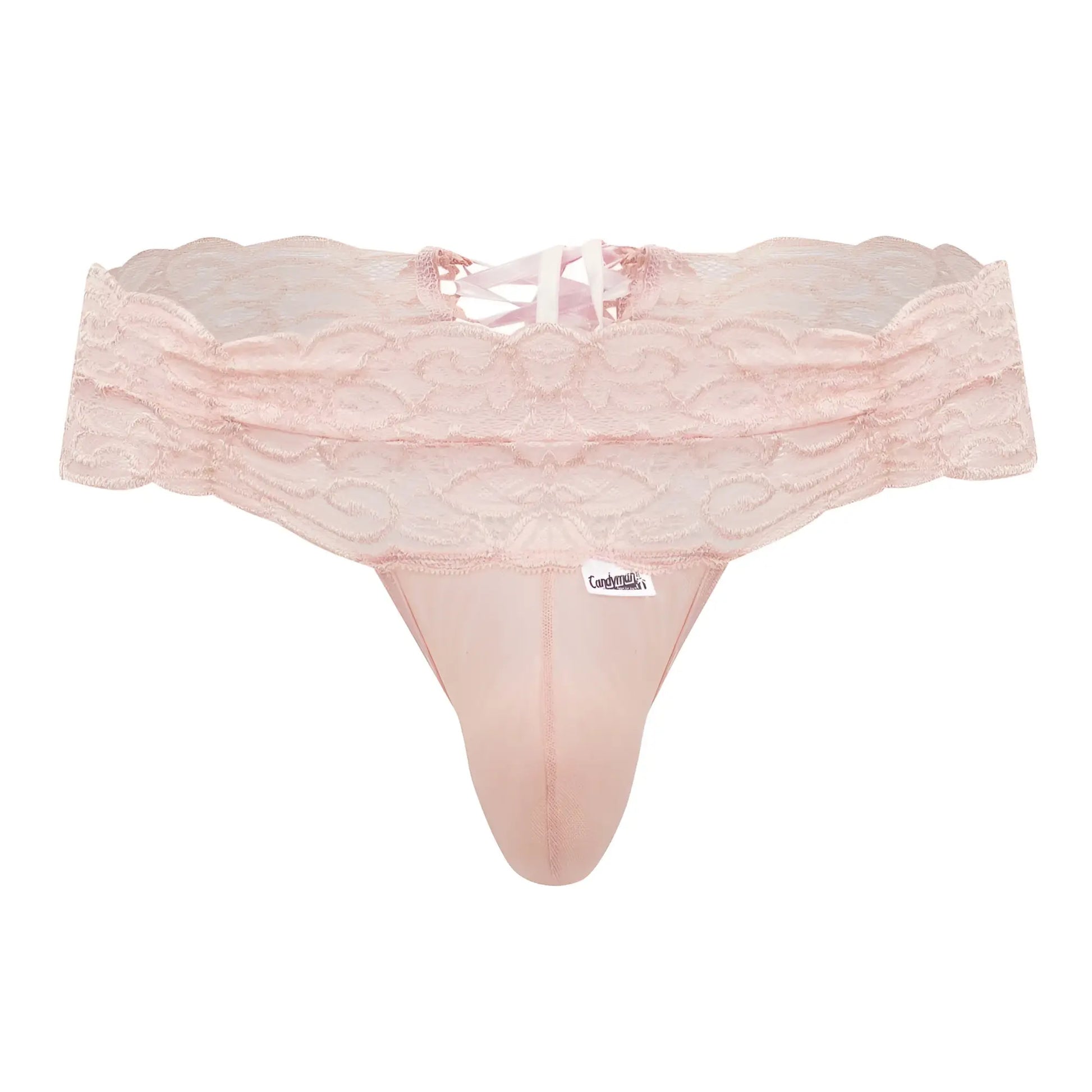 A delicate pink lace thong with scalloped edge and matching satin fabric from candyman 99595 lace thongs rose color