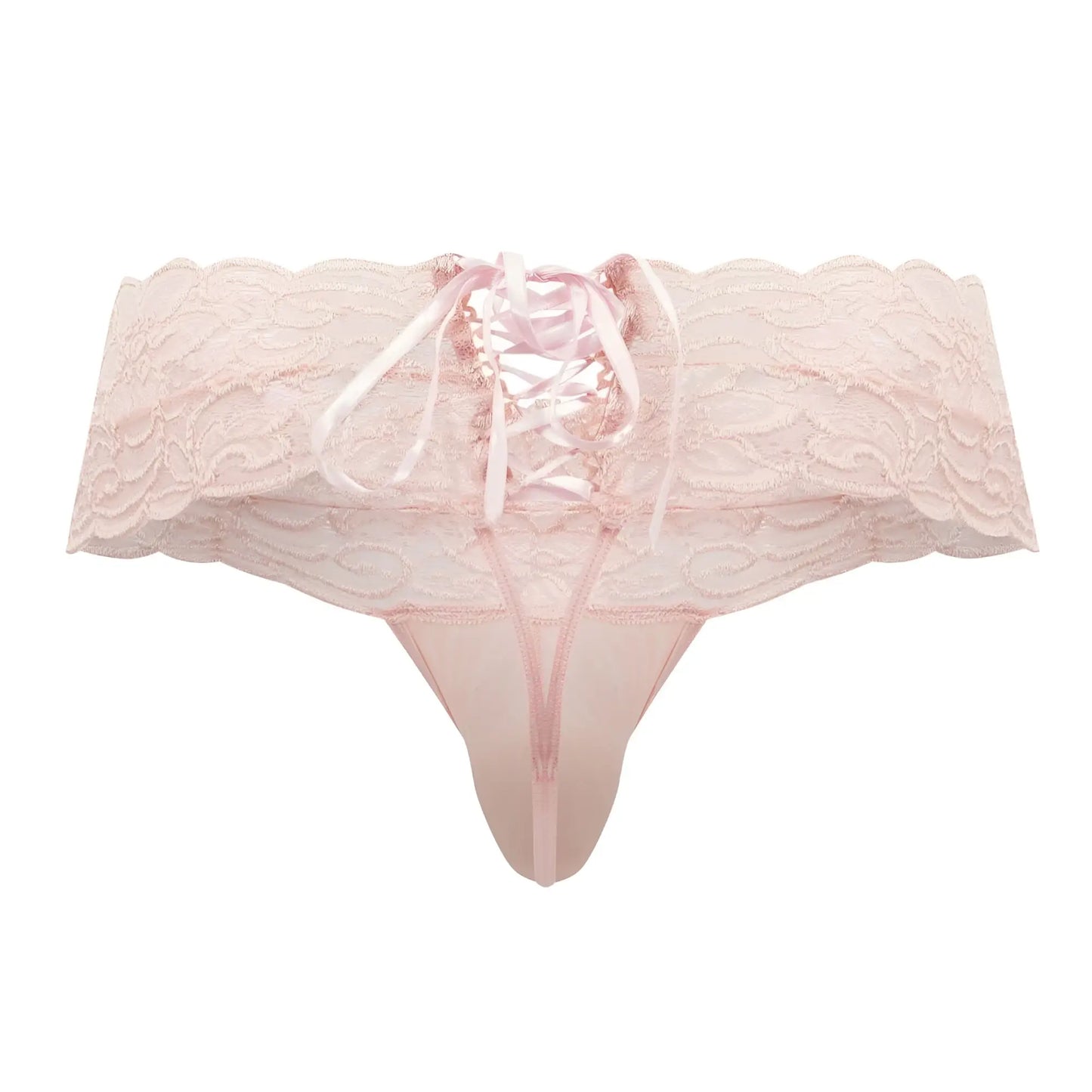 Pink lace thong candyMan 99595 with delicate scalloped edge and matching rose satin ribbon lacing