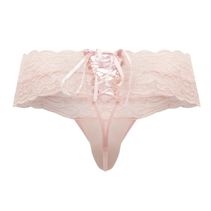 Pink lace thong candyMan 99595 with delicate scalloped edge and matching rose satin ribbon lacing
