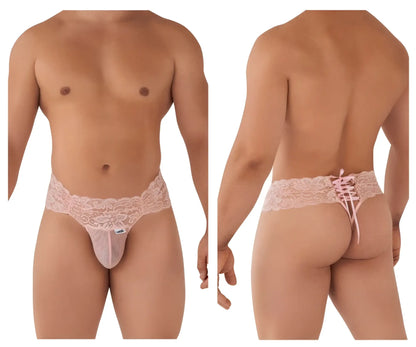 CandyMan 99595 lace thong in rose with sheer mesh front and back and delicate floral embroidery waistband