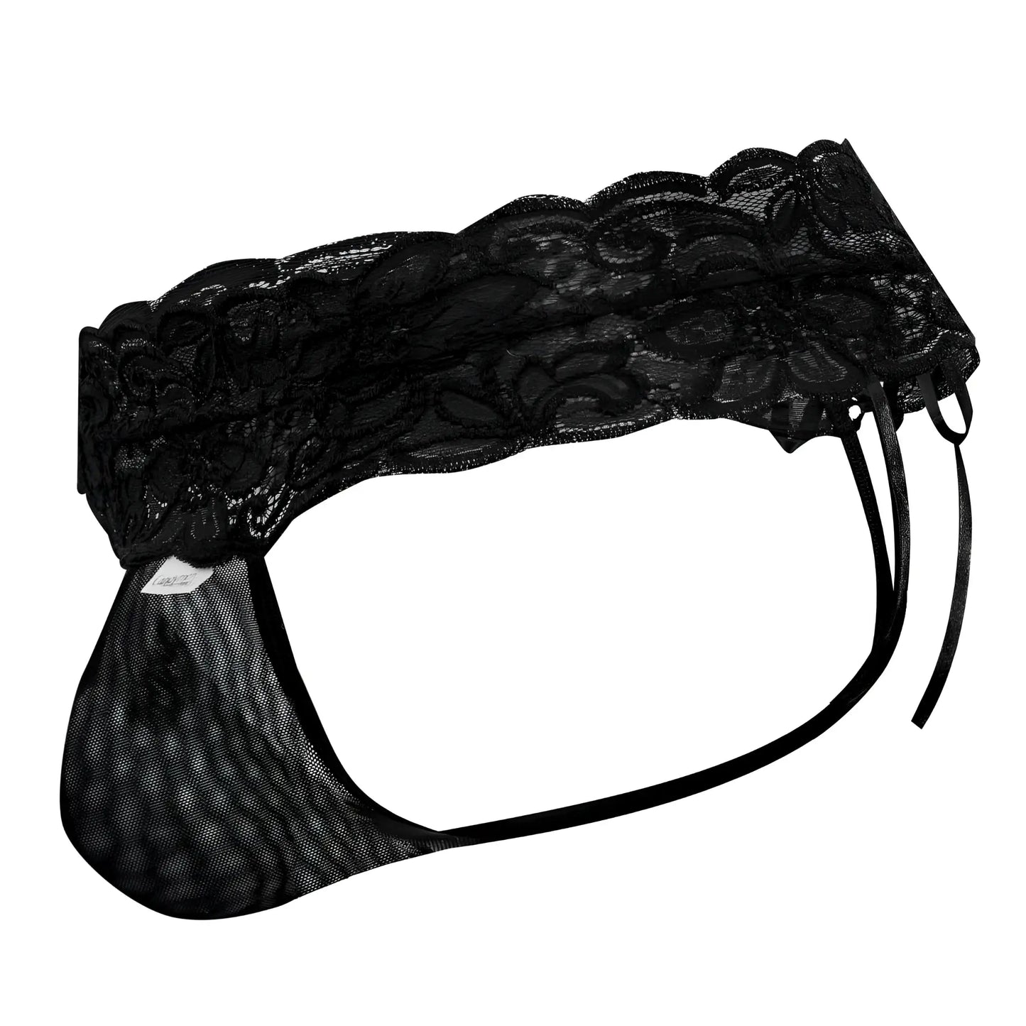 Black lace thong with floral pattern and mesh fabric candy man 99595x lace thongs color black front view