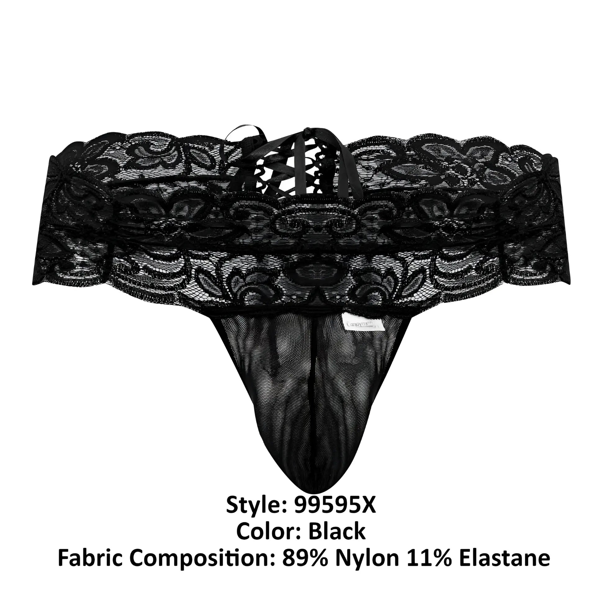 Black lace thong CandyMan 99595X with intricate floral patterns and mesh front panel in black color