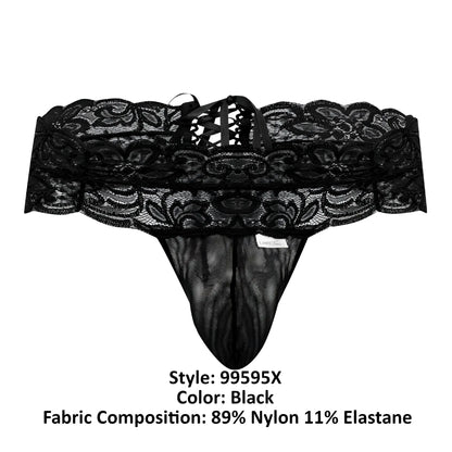 Black lace thong CandyMan 99595X with intricate floral patterns and mesh front panel in black color