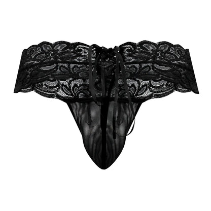 Black candyMan 99595X lace thong with intricate floral patterns and tied waistband in front view