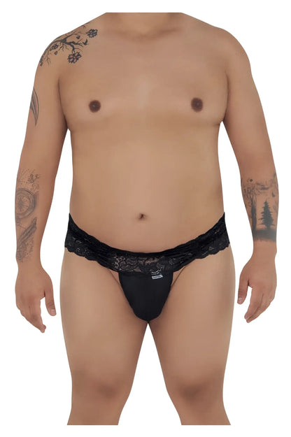 CandyMan 99595X black lace thong with lace trim and small brand logo on front for intimate wear