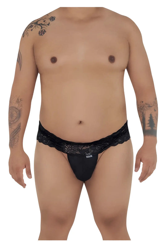 CandyMan 99595X black lace thong with lace trim and small brand logo on front for intimate wear
