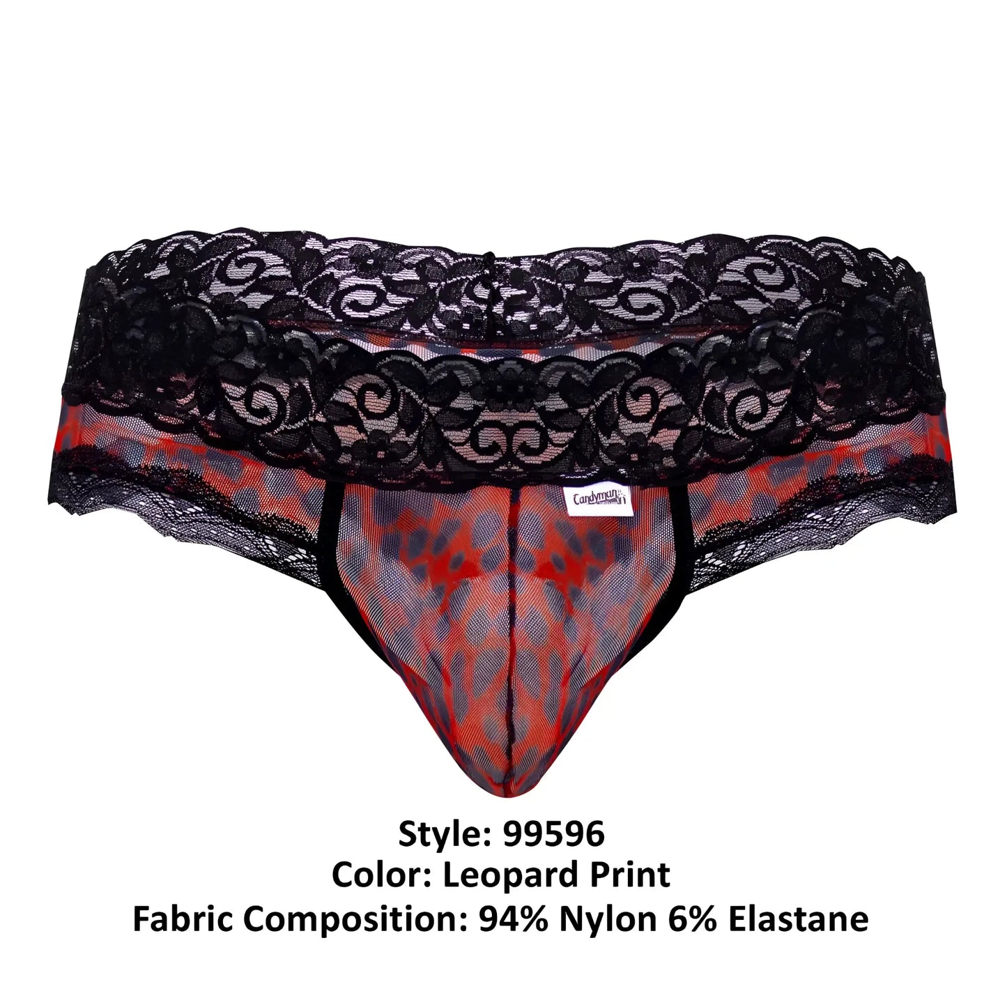 Black lace-trimmed candy man 99596 men’s briefs with red and gray leopard print mesh interior