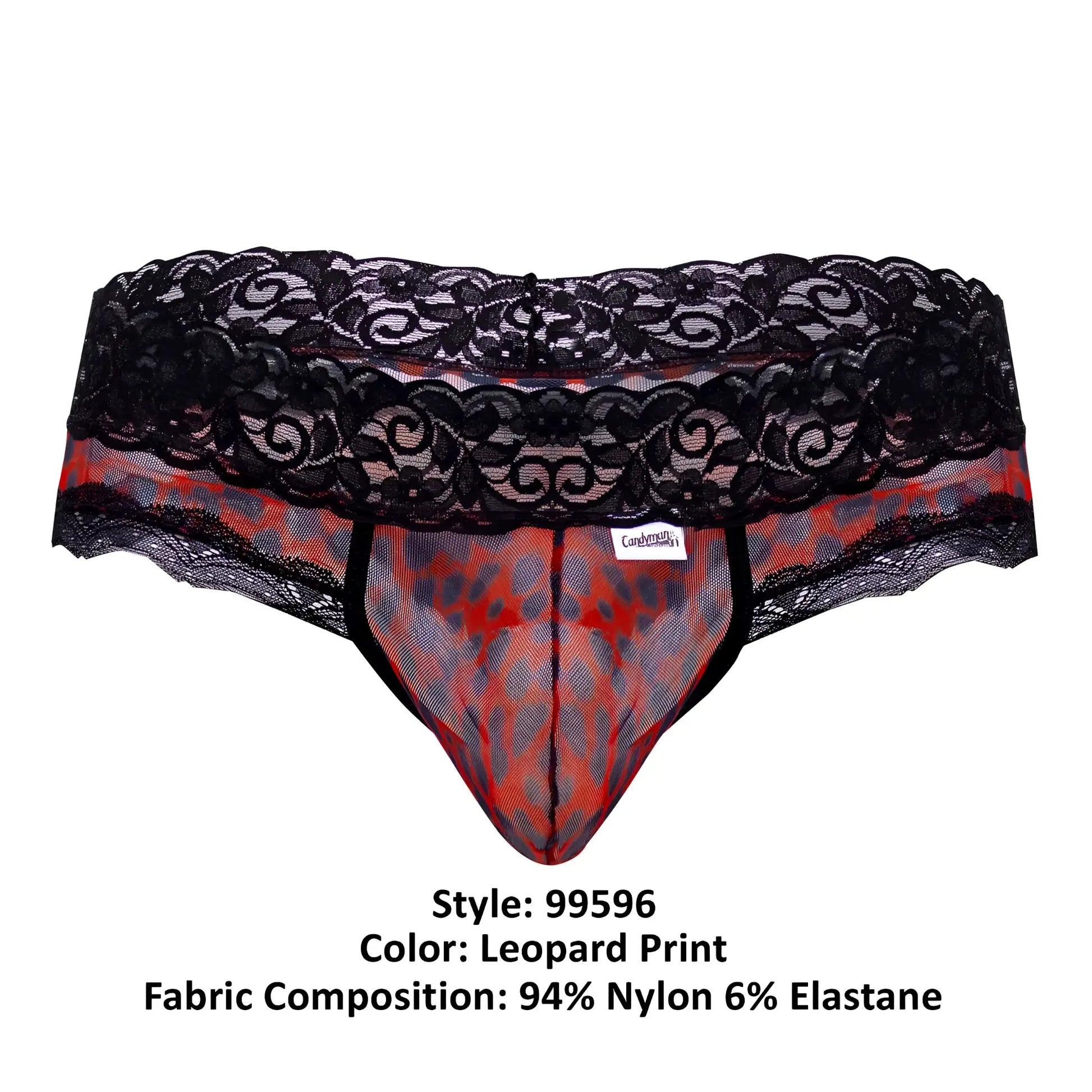 Black lace-trimmed candy man 99596 men’s briefs with red and gray leopard print mesh interior