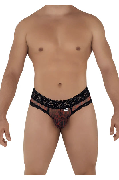 Black lace-trimmed men’s briefs with sheer leopard-print mesh front from candyman 99596 mesh-lace thongs