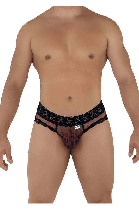 Black lace-trimmed men’s briefs with sheer leopard-print mesh front from candyman 99596 mesh-lace thongs