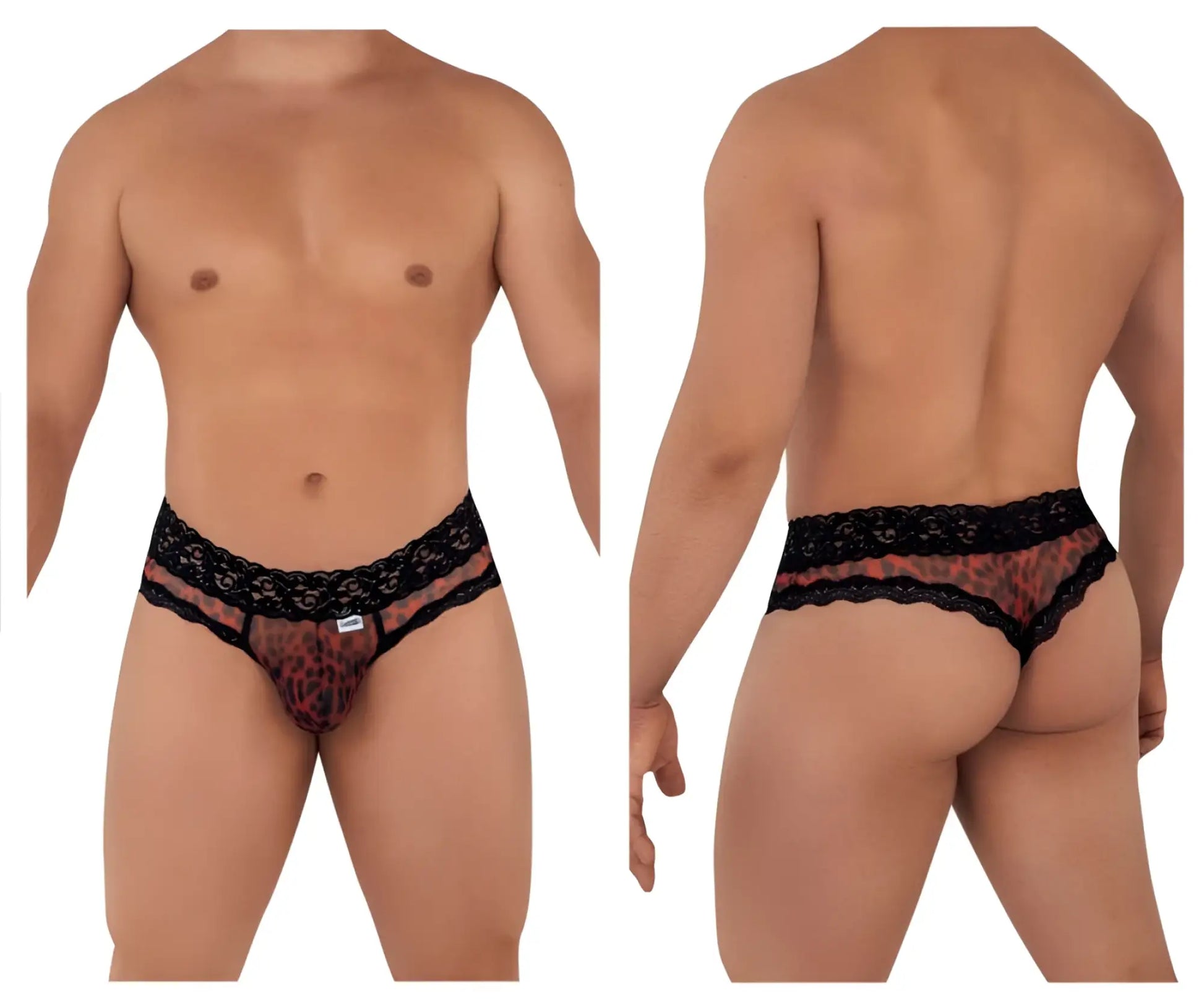 Black lace-trimmed leopard print mesh lace thong by candyman shown from the front in a bold animal pattern