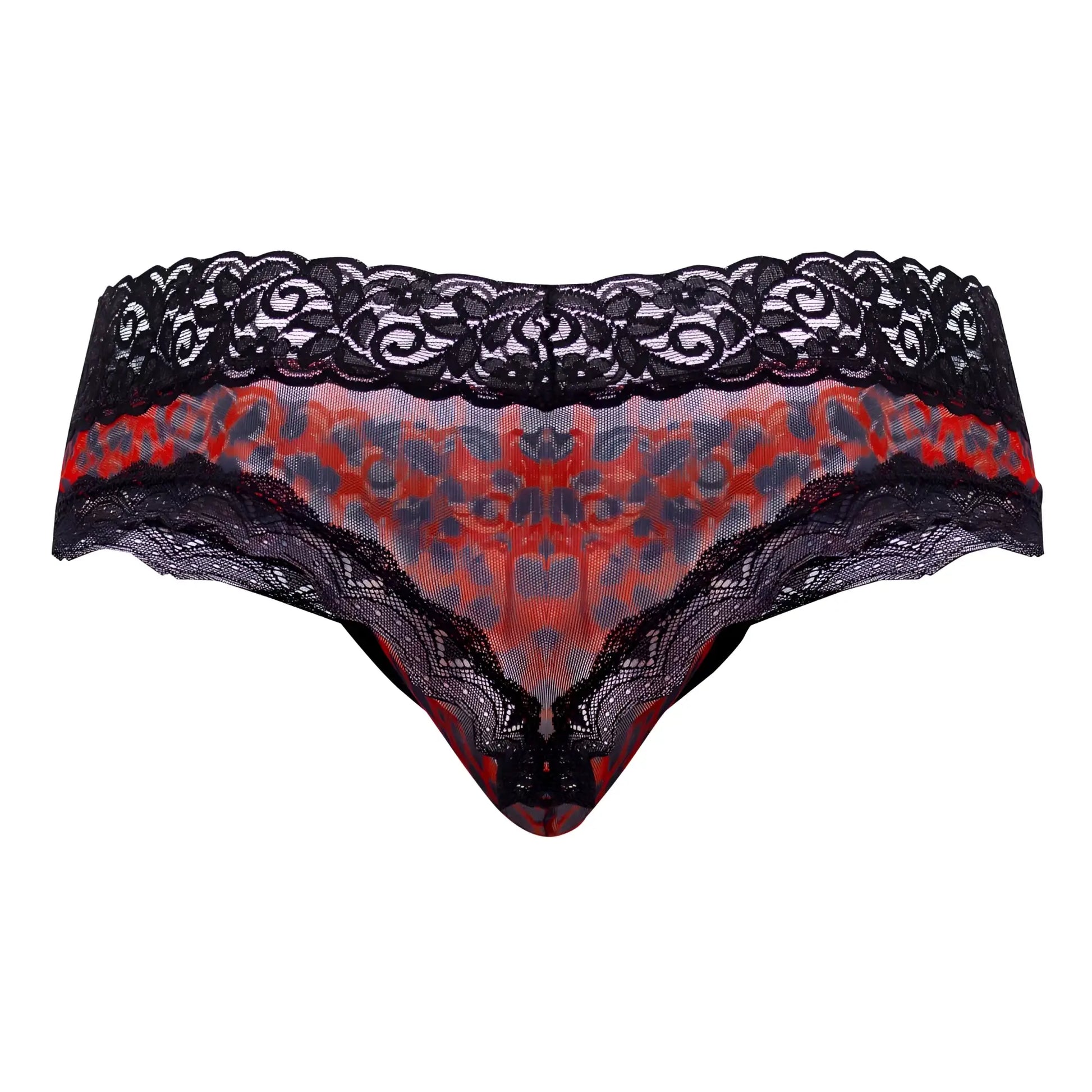 CandyMan 99596 black lace-trimmed thong with vibrant red and gray leopard print mesh center front