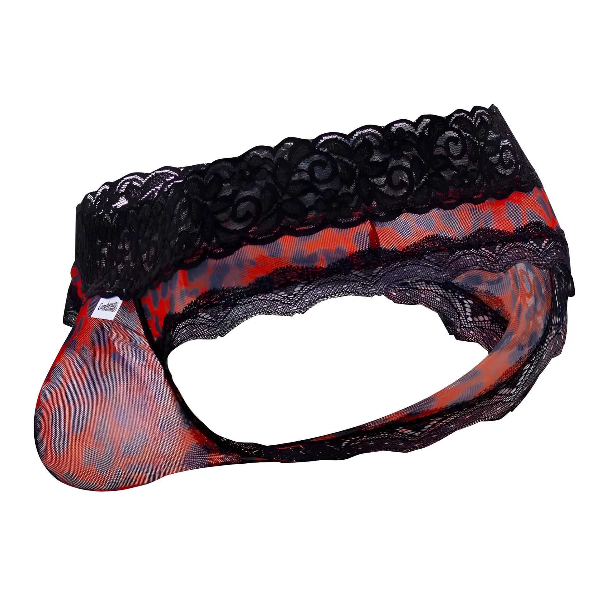 Red and black leopard print mesh lace-trimmed men’s thongs by candyman 99596 for stylish underwear wear