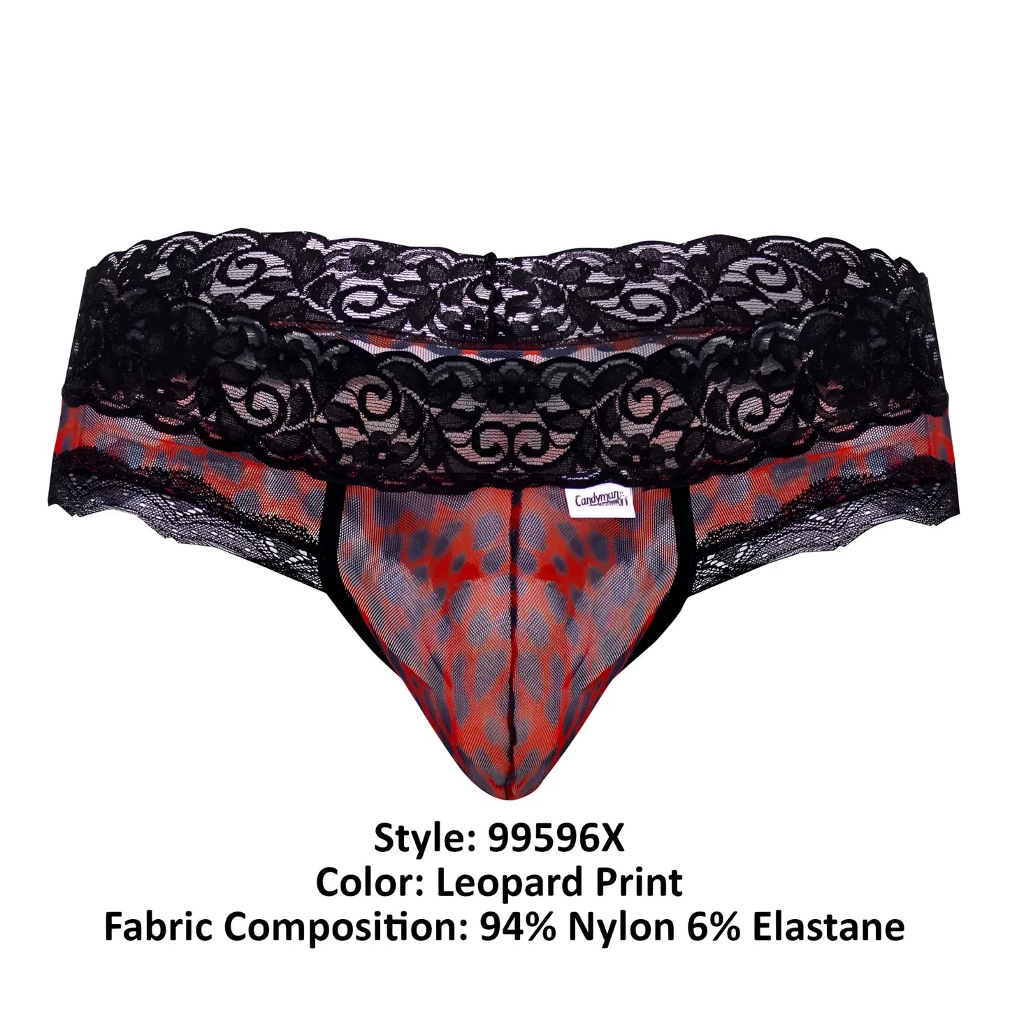 CandyMan 99596X mesh-lace men’s briefs with black lace trim and red gray leopard print pattern