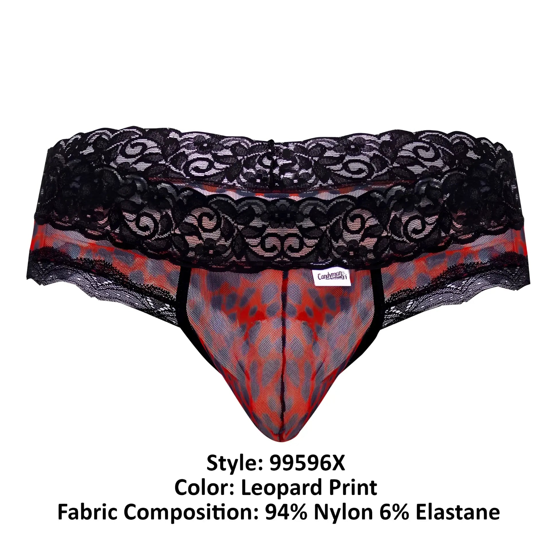 CandyMan 99596X mesh-lace men’s briefs with black lace trim and red gray leopard print pattern