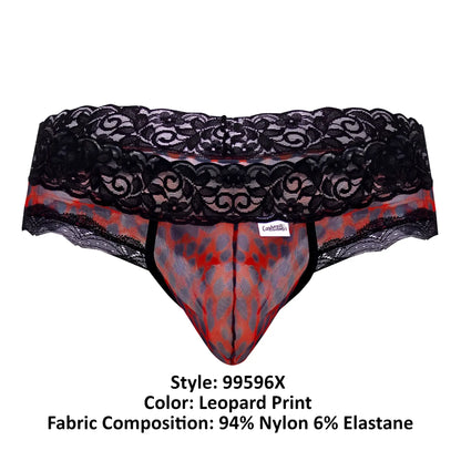 CandyMan 99596X mesh-lace men’s briefs with black lace trim and red gray leopard print pattern