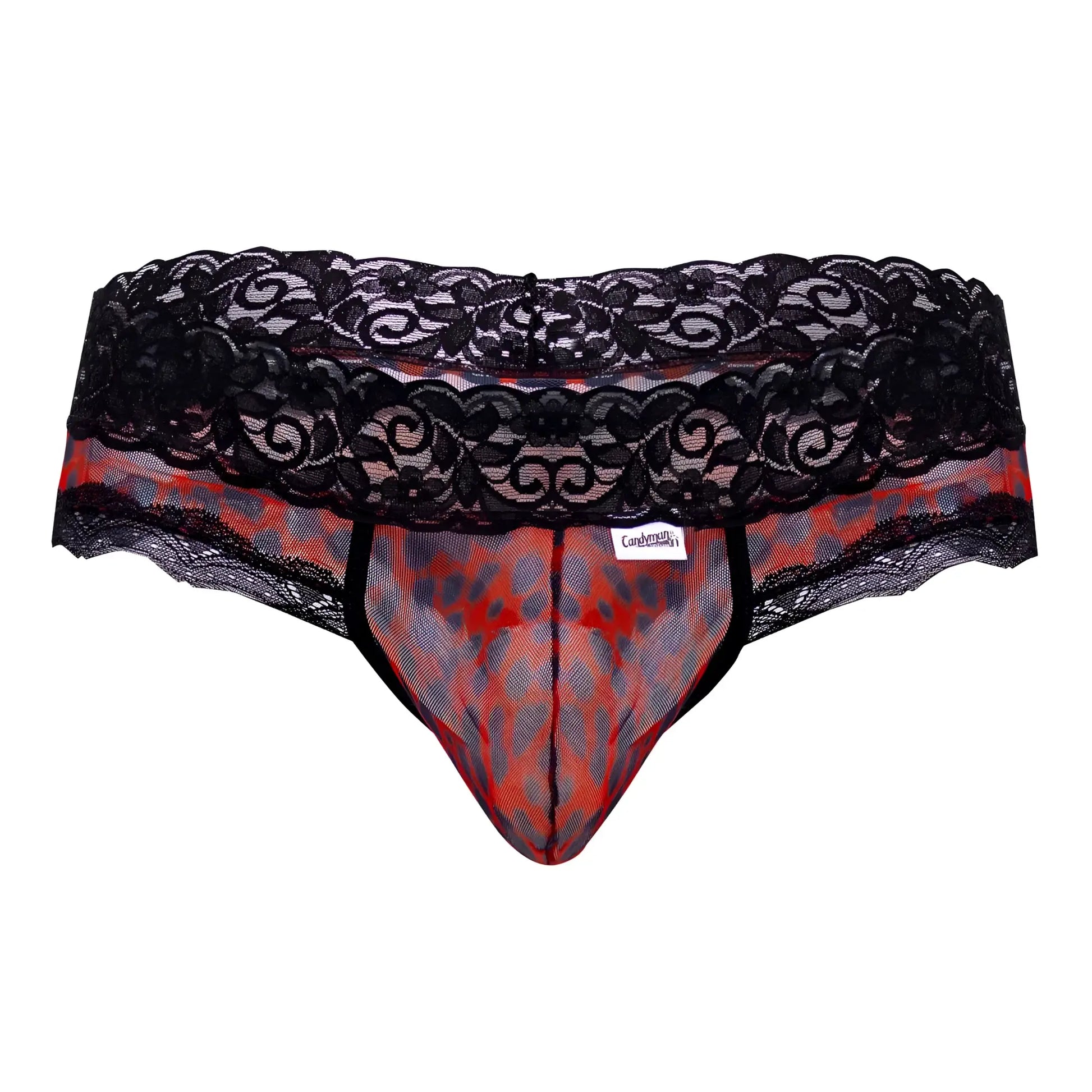 Black lace-trimmed mens thong with sheer red and gray patterned mesh body candyMan 99596X mesh-lace thongs leopard print