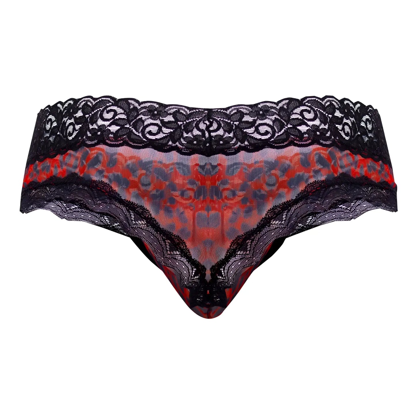Black lace-trimmed thong with vibrant red and gray leopard print mesh center from candyman 99596x collection