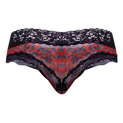 Black lace-trimmed thong with vibrant red and gray leopard print mesh center from candyman 99596x collection