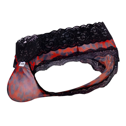 CandyMan 99596X mesh lace thongs in red and black patterned leopard print men’s underwear with lace trim