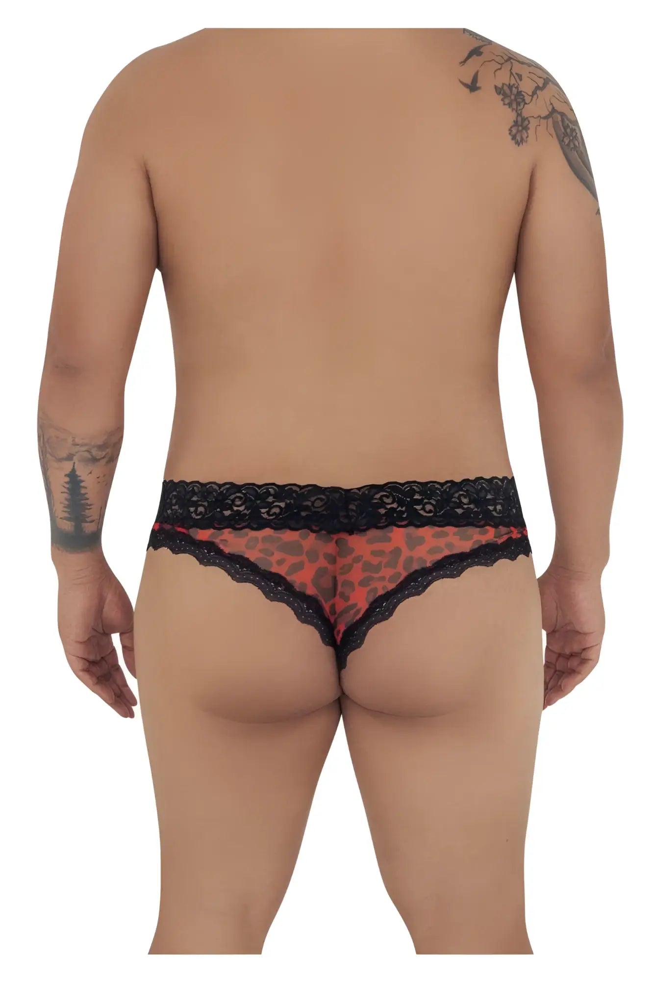 Red leopard-print mesh-lace thong with black lace trim from candyman 99596x collection showing front side