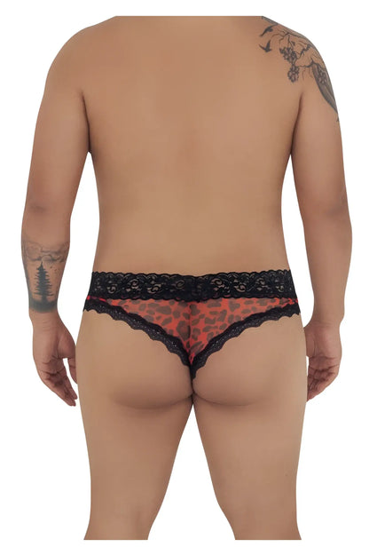Red leopard-print mesh-lace thong with black lace trim from candyman 99596x collection showing front side