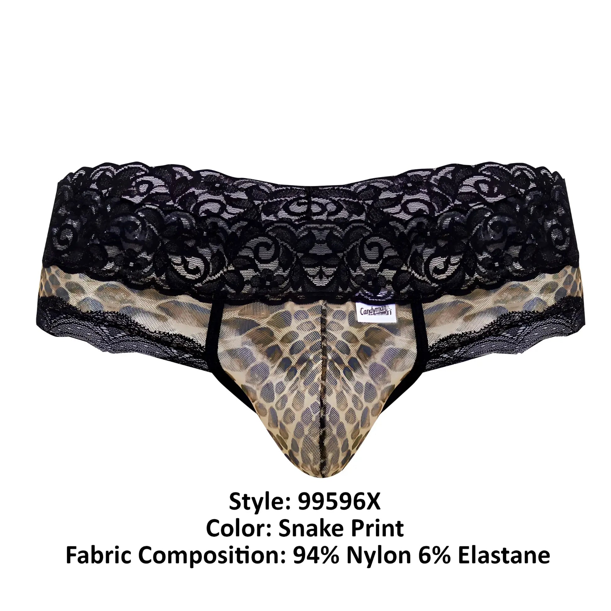 Black lace-trimmed mens briefs with tan and brown snake print mesh fabric candyMan 99596X thongs