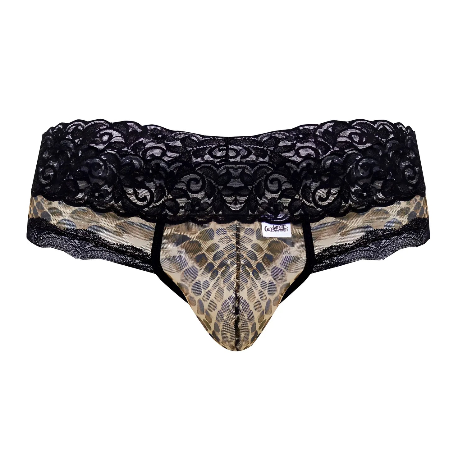 CandyMan 99596X mesh-lace thong briefs with black lace trim and tan brown snake print front panel