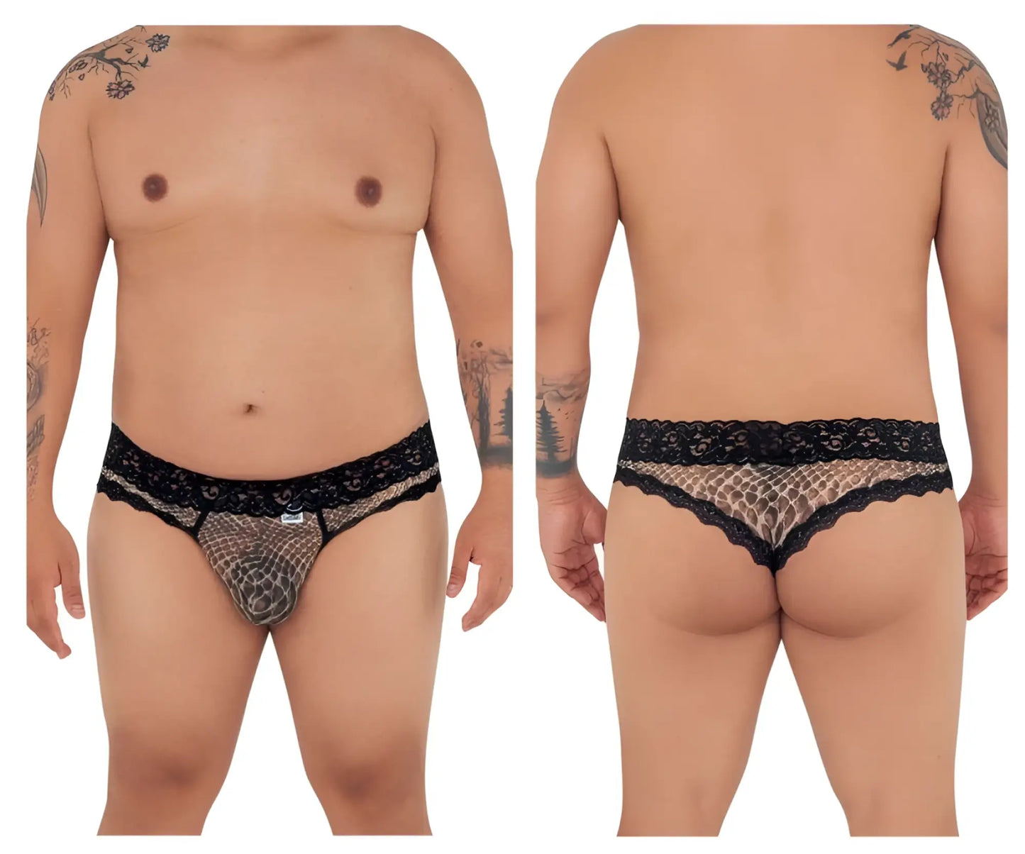 Black lace-trimmed mesh briefs with subtle snake print pattern from candyman 99596x collection