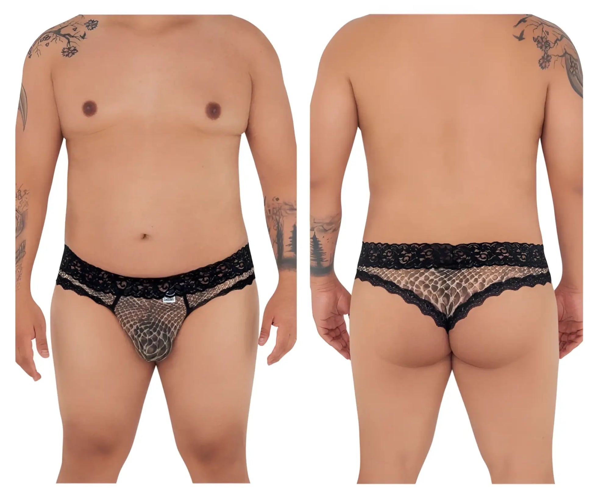 Black lace-trimmed mesh briefs with subtle snake print pattern from candyman 99596x collection