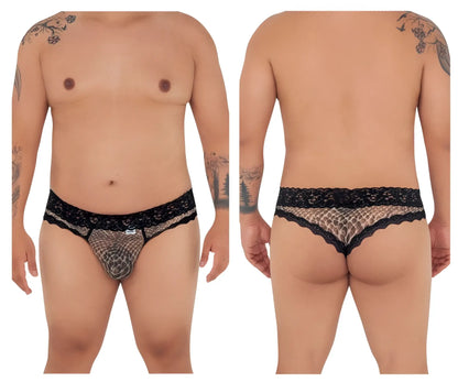 Black lace-trimmed mesh briefs with subtle snake print pattern from candyman 99596x collection