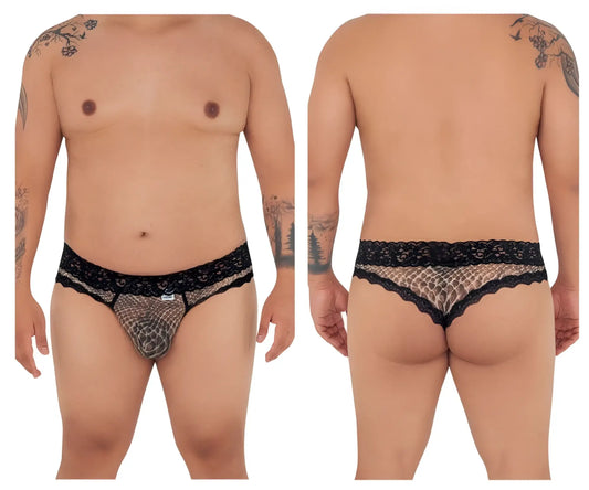 Black lace-trimmed mesh briefs with subtle snake print pattern from candyman 99596x collection