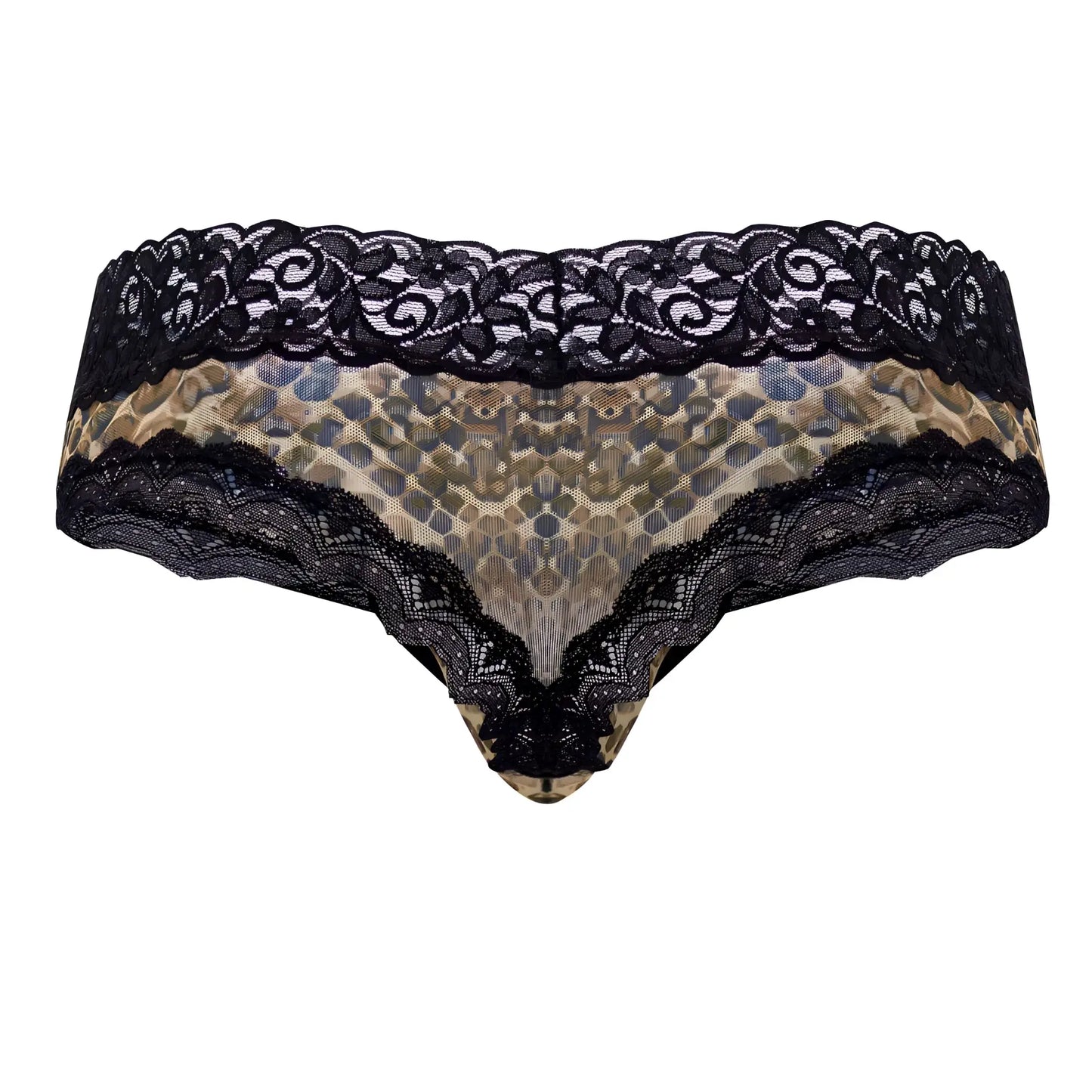 Black lace-trimmed thong in tan and olive green snake print mesh lace from candyman 99596x collection