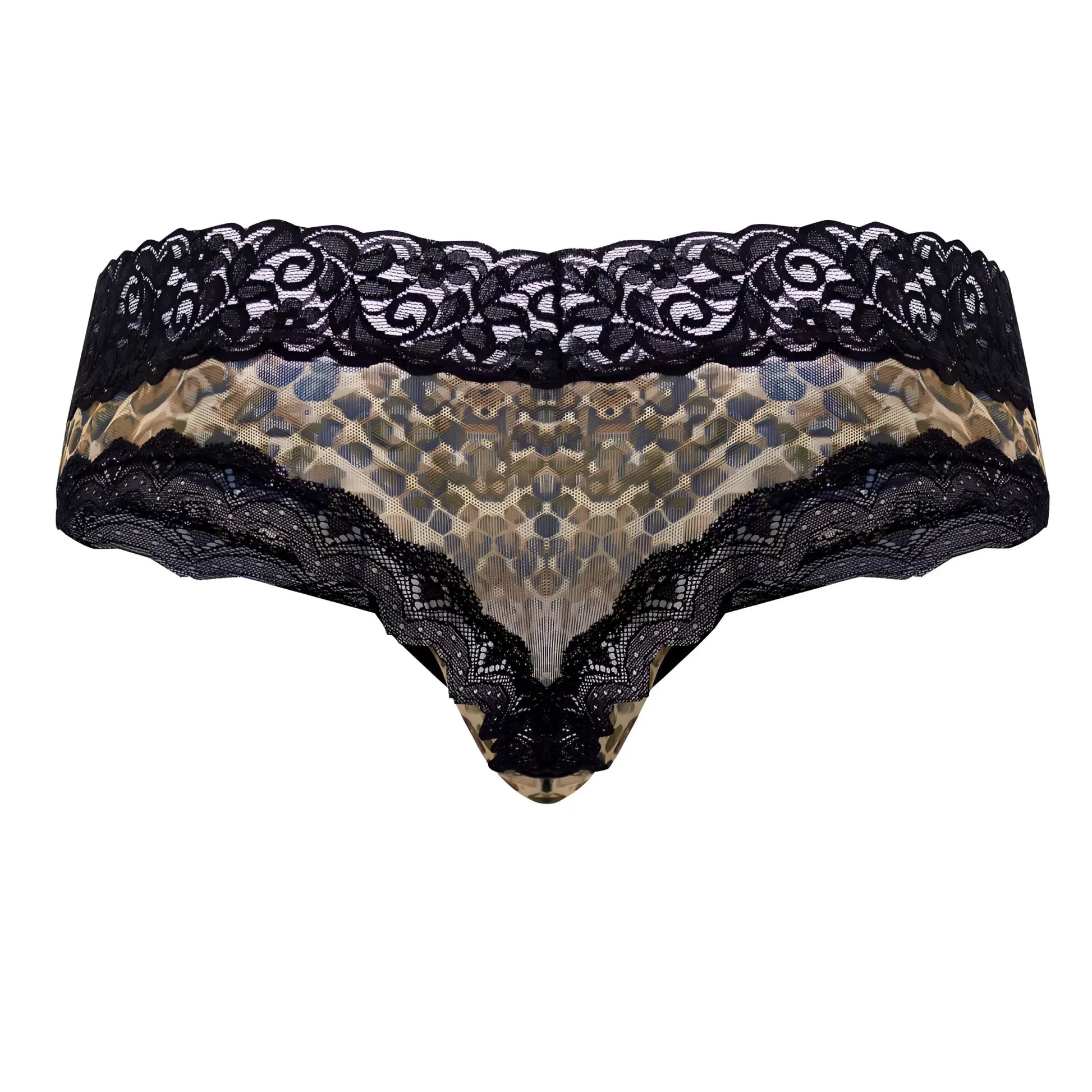 Black lace-trimmed thong in tan and olive green snake print mesh lace from candyman 99596x collection
