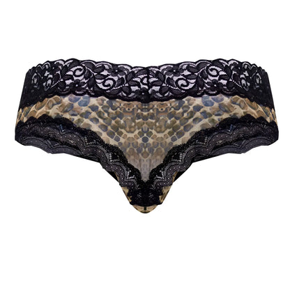 Black lace-trimmed thong in tan and olive green snake print mesh lace from candyman 99596x collection