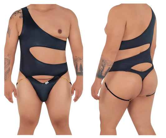 Black CandyMan 99597X one shoulder bodysuit with cut-out design and gold chain detailing perfect for swimwear