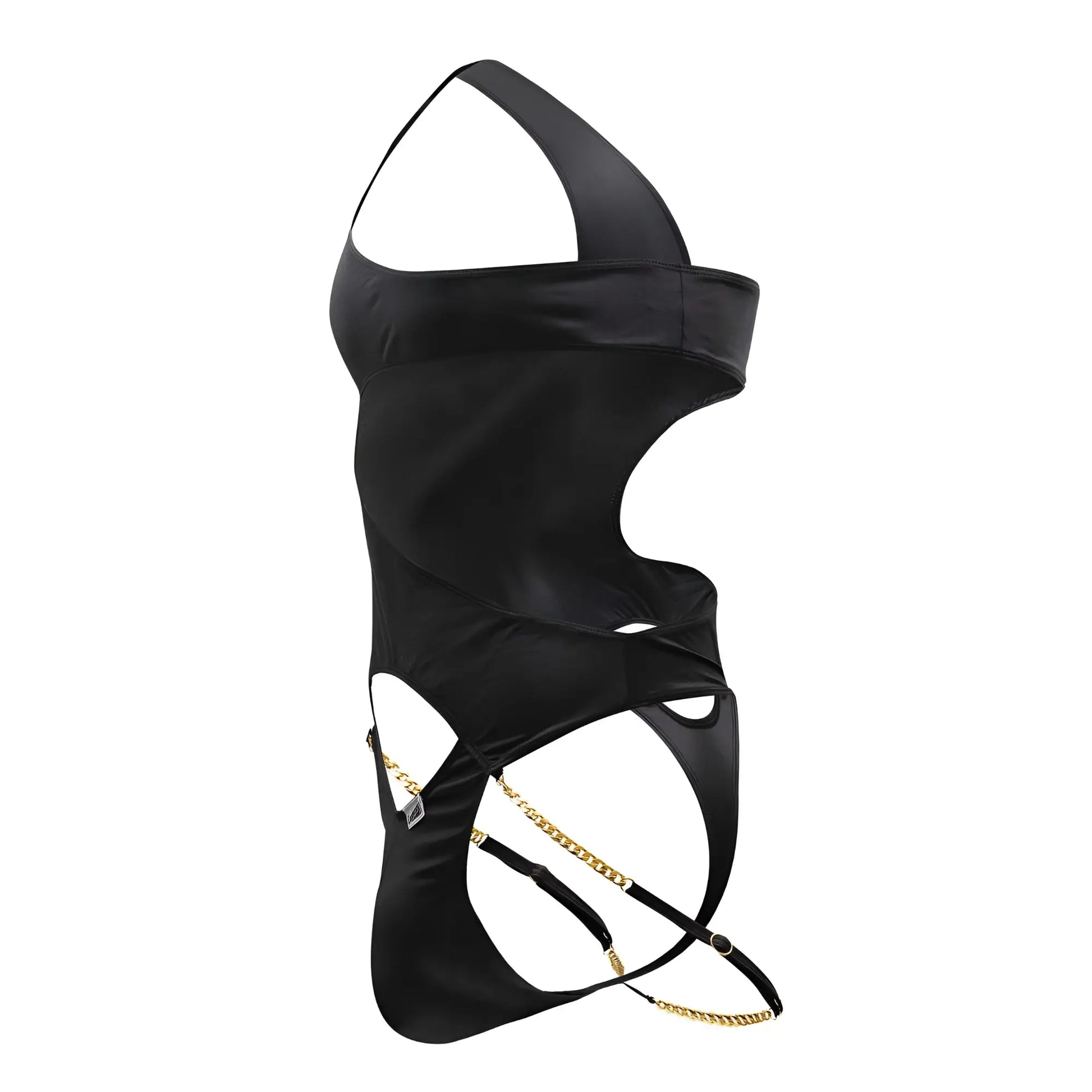 Black satin one shoulder CandyMan 99597X bodysuit with gold chain detailing for stylish swimwear looks