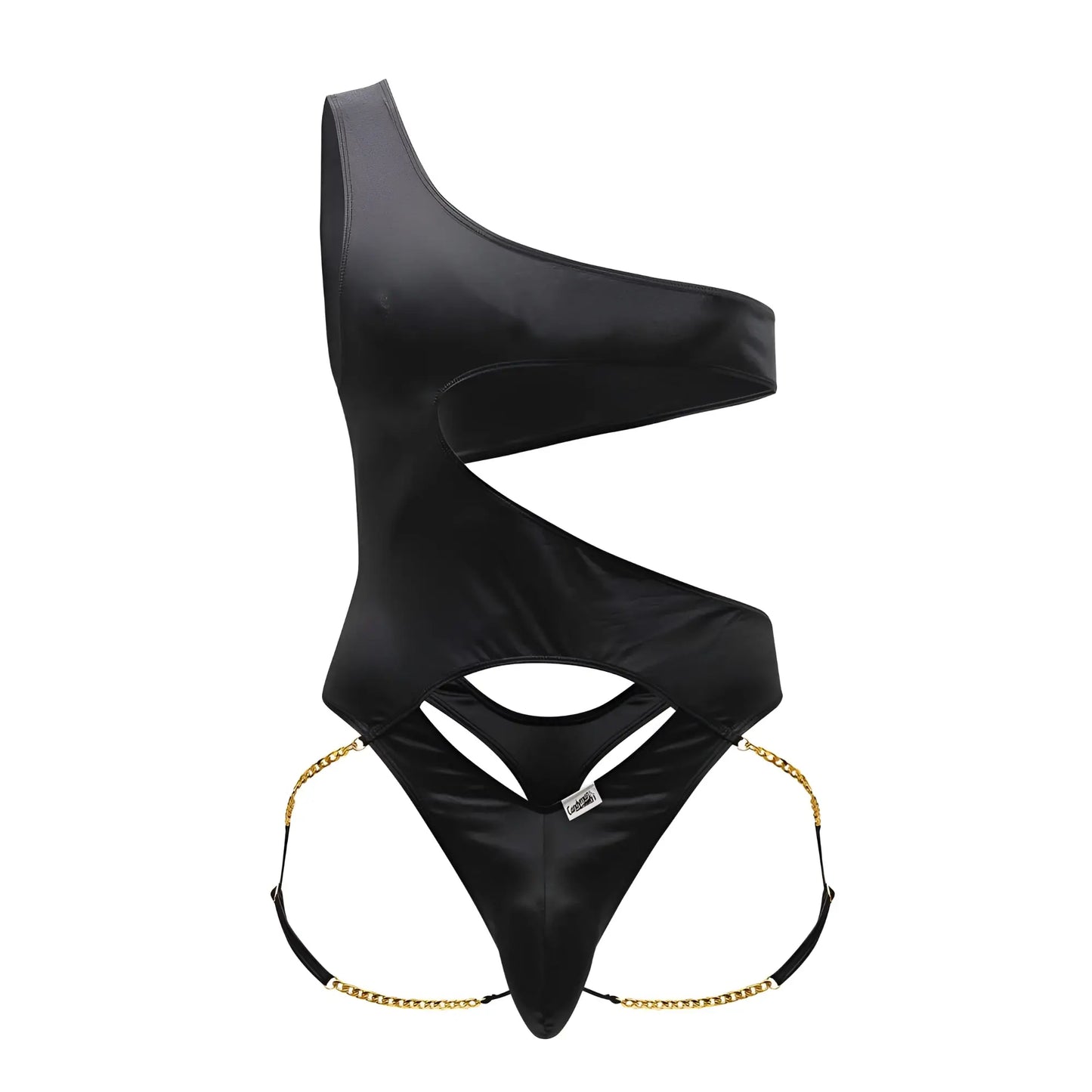 CandyMan 99597X black satin one-shoulder bodysuit with gold chain detailing at the hips