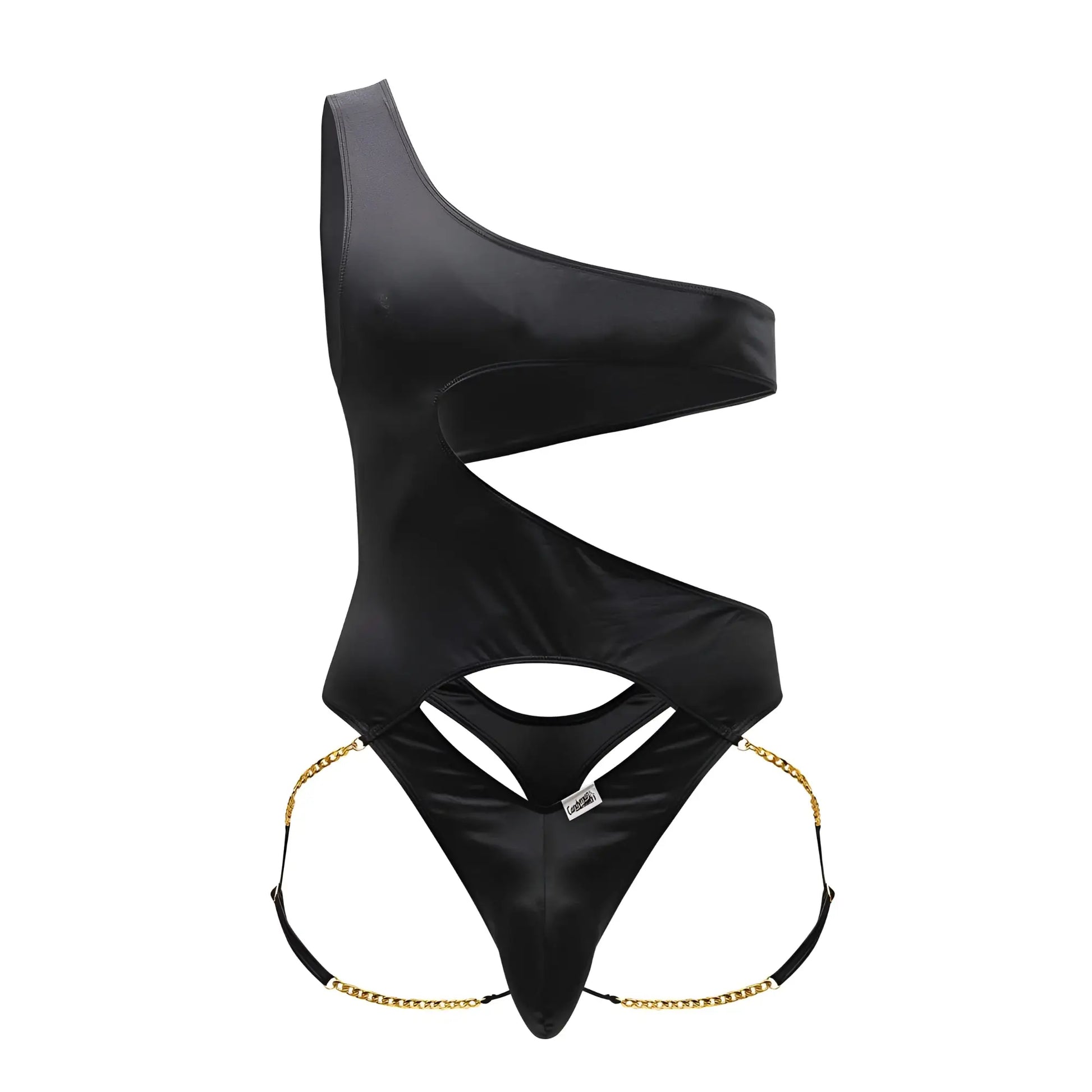 CandyMan 99597X black satin one-shoulder bodysuit with gold chain detailing at the hips