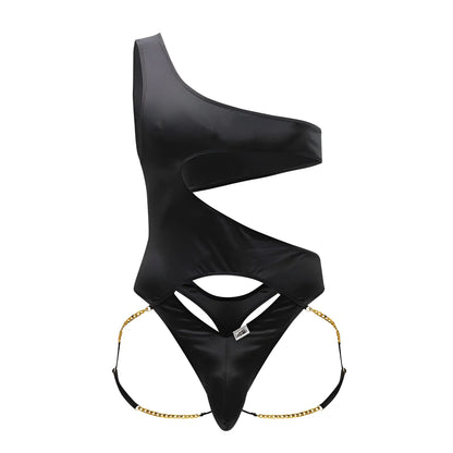 CandyMan 99597X black satin one-shoulder bodysuit with gold chain detailing at the hips