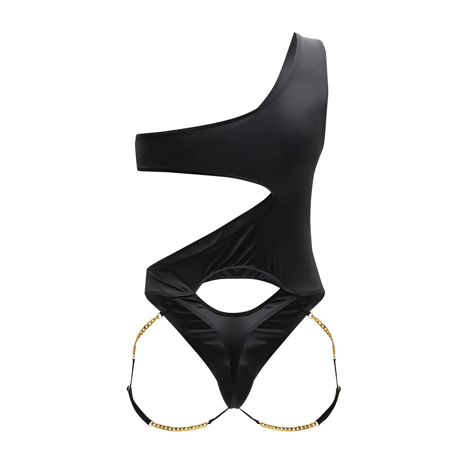 Black CandyMan 99597X one-shoulder bodysuit with glossy satin finish and gold chain detailing at hips