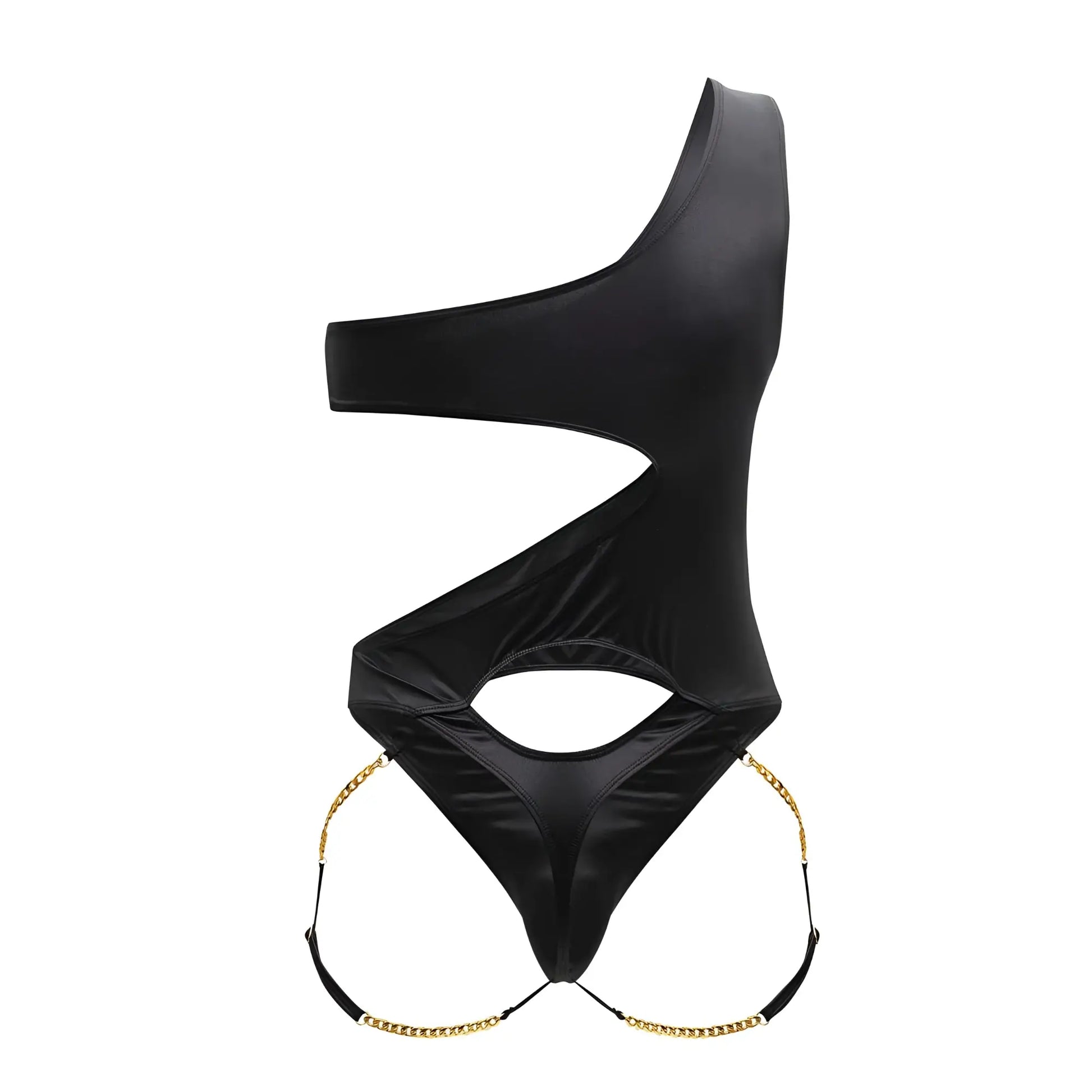 Black CandyMan 99597X one-shoulder bodysuit with glossy satin finish and gold chain detailing at hips
