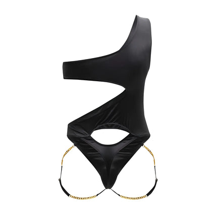 Black CandyMan 99597X one-shoulder bodysuit with glossy satin finish and gold chain detailing at hips