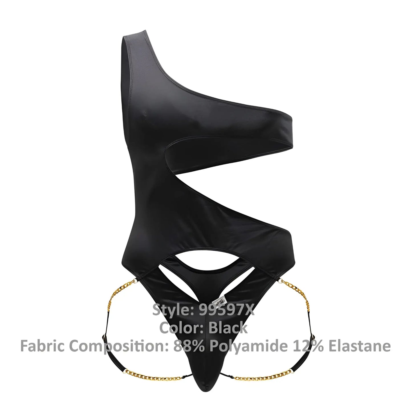 Black candyMan 99597X one shoulder bodysuit with sleek glossy finish and gold chain detailing at the sides