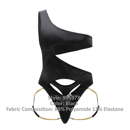 Black candyMan 99597X one shoulder bodysuit with sleek glossy finish and gold chain detailing at the sides