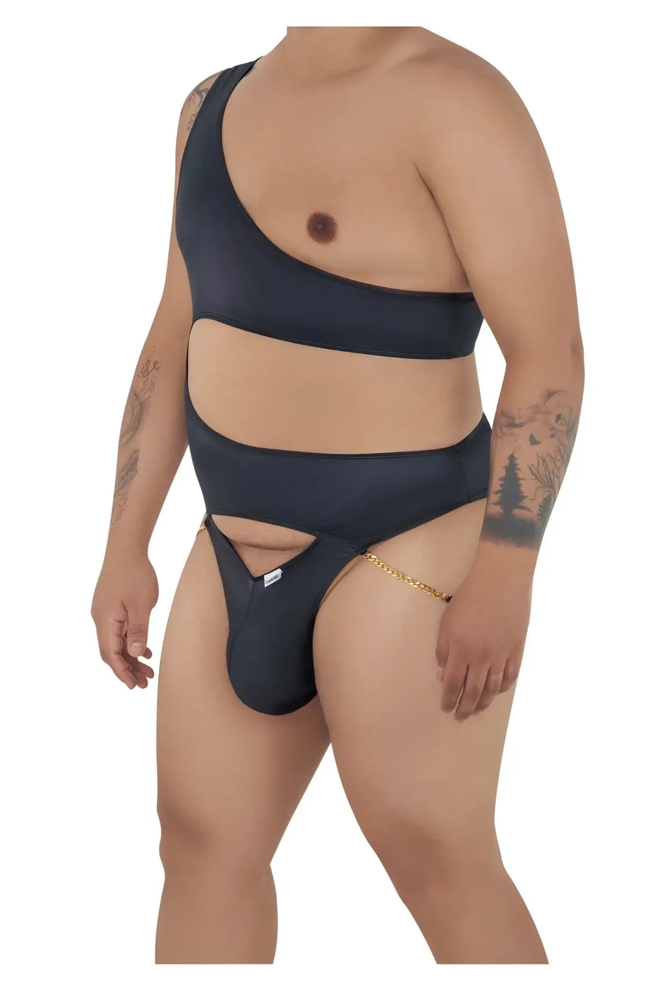 Black one shoulder CandyMan 99597X bodysuit with cutout design and gold chain detail for swimwear use