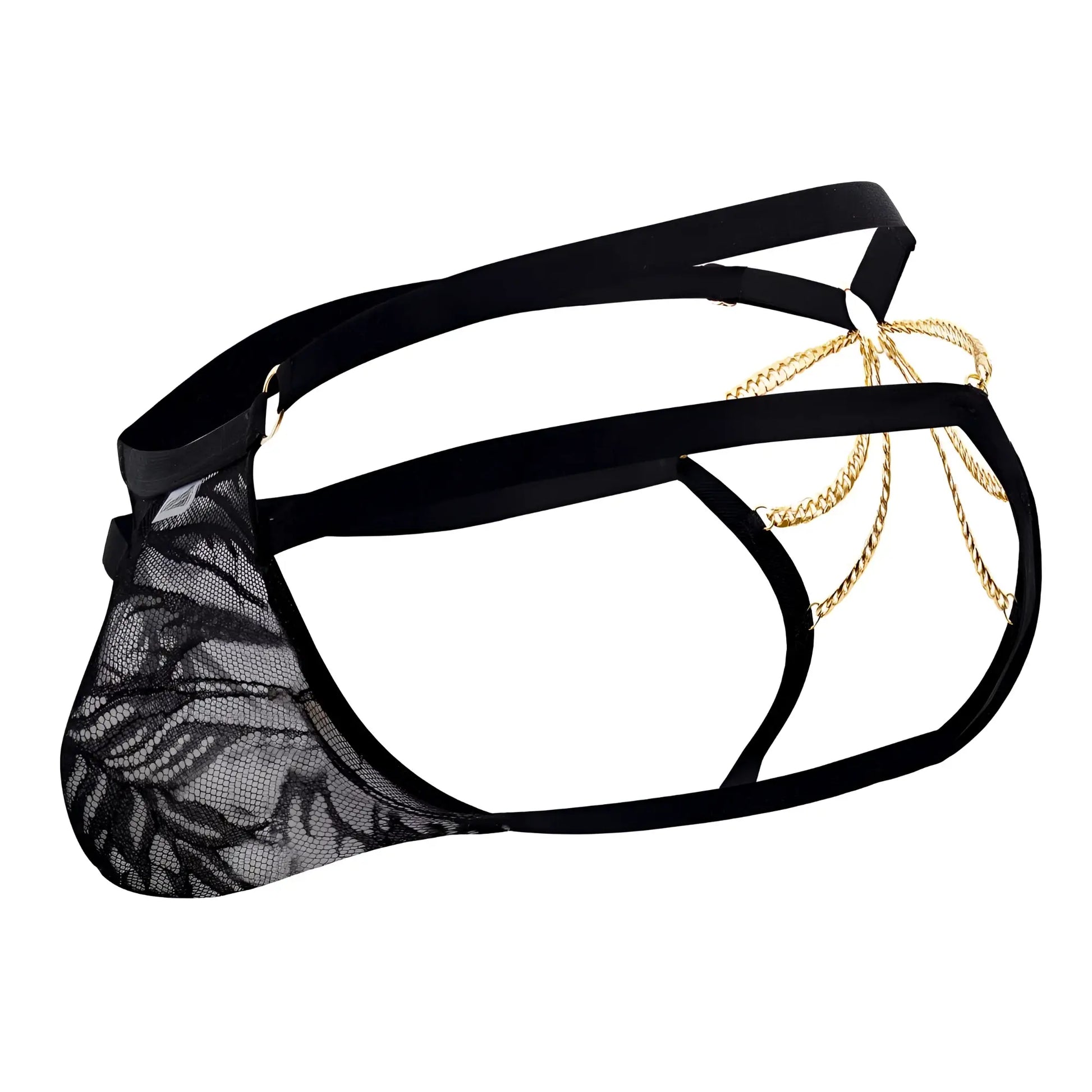 Black lace men’s bikini underwear with gold chain detailing from candyman 99598 collection